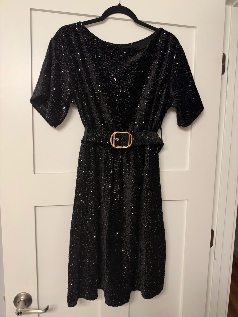 Astrid Black Sequin Midi Dress with Gold Buckle Belt